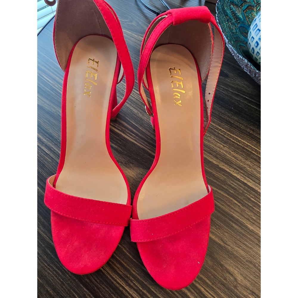 ELFAX Red Suede Block‎ Heel Ankle Strap Sandals Women's Size 8.5B